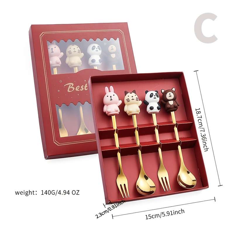 4pcs Gift Box Cartoon Spoon Stainless Steel Spoon Fork Watermelon Doll Animal Dessert Fruit Spo