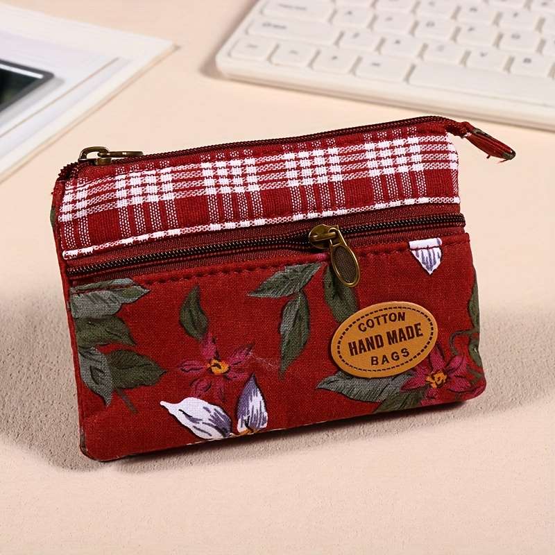 1pc Mini Fabric Coin Purse Flower Pattern Card Holder Multi Layer Change Pouch Wallet