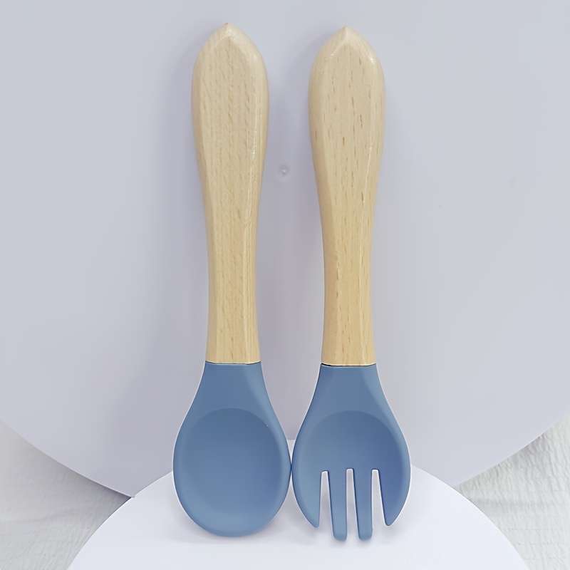 2pcs Customer Favorite 100% Food Grade Silicone Spoon and Fork with Wooden Handle BPA Free Su
