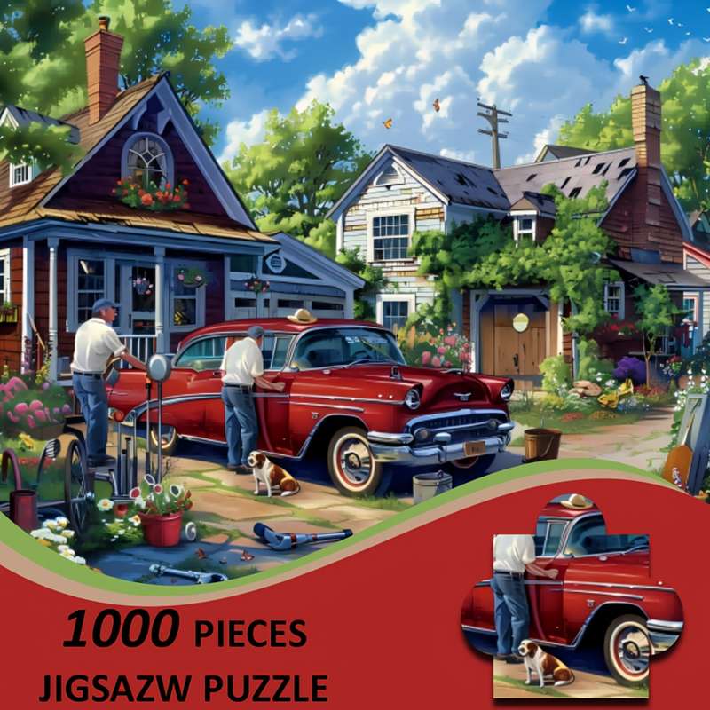 1000pcs Vintage Red Car Jigsaw Puzzle Artistic Paper Puzzle with Charming Neighborh