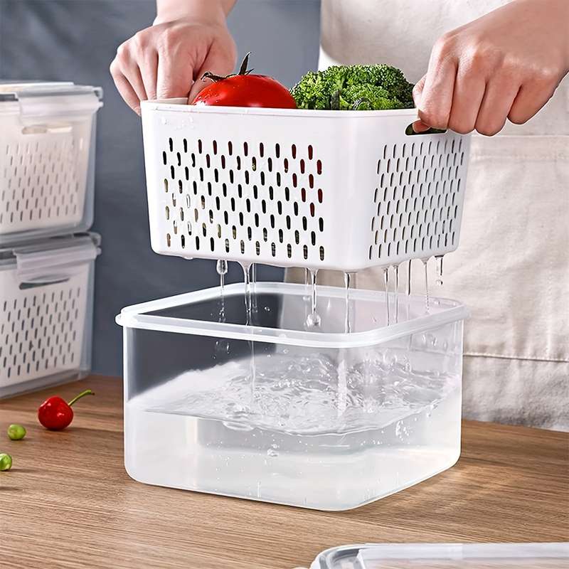 3pcs BPA-Free Plastic Food Storage Container Set with Drain Basket and Lids Leak-Proof Refri