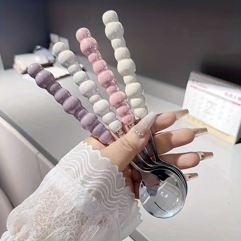 2pcs Colorful Pearl Stainless Steel Teaspoons Kitchen and Dining Utensils Dessert Spoons Hom