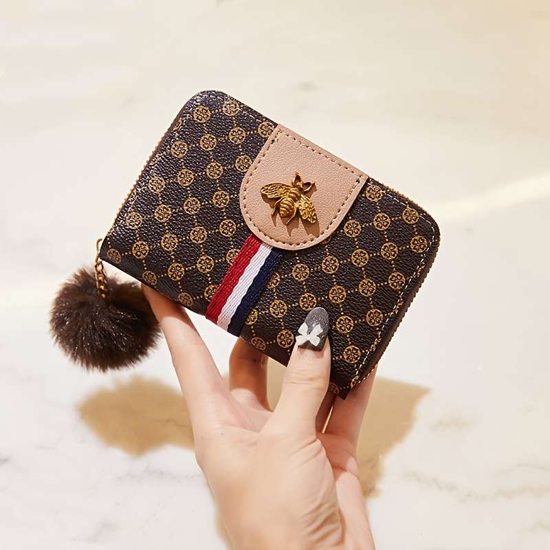 1pc Chic Retro-Inspired Women's Wallet with Honeycomb Print Pompom Accent Multiple Card Slots