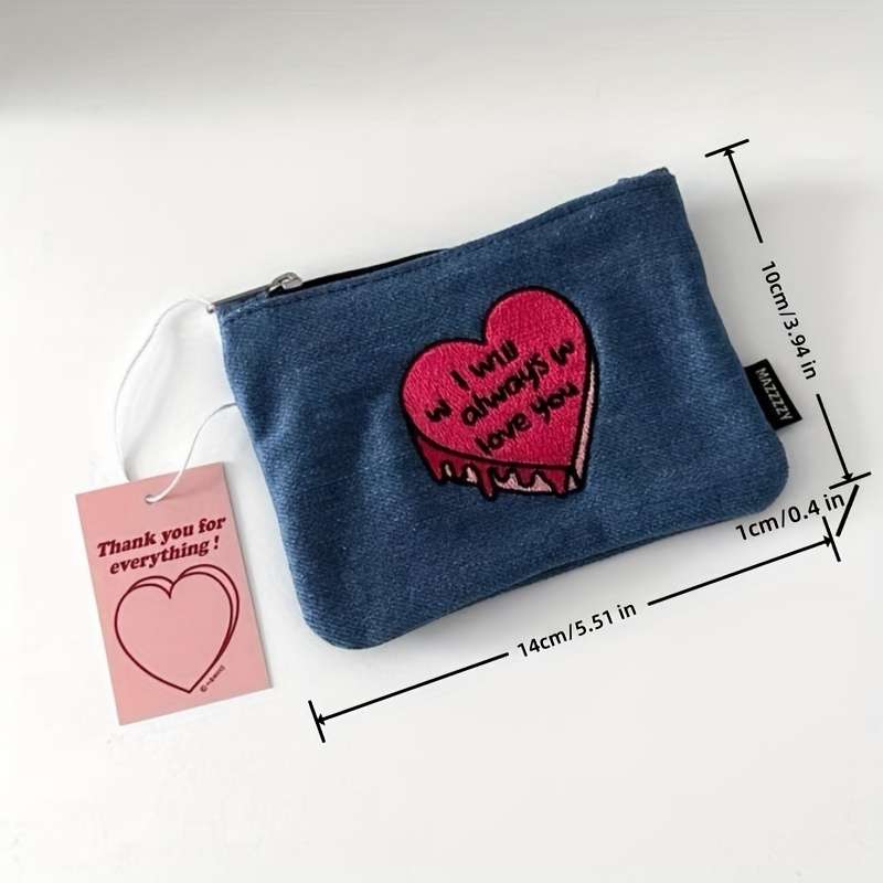 1pc Denim Coin Purse with Heart Design "I Will Always Love You" Embroidery Zippered Denim Wallet