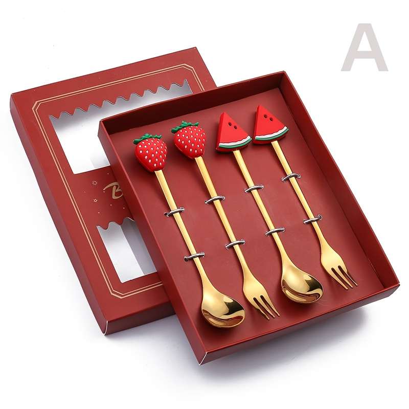 4pcs Gift Box Cartoon Spoon Stainless Steel Spoon Fork Watermelon Doll Animal Dessert Fruit Spo