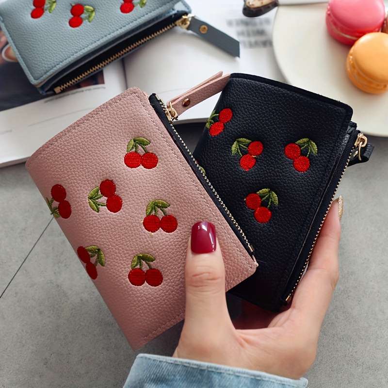 1pc Cherry Embroidery Women's Vertical Wallet Fashionable PU Short Clutch Purse Trendy Portable P