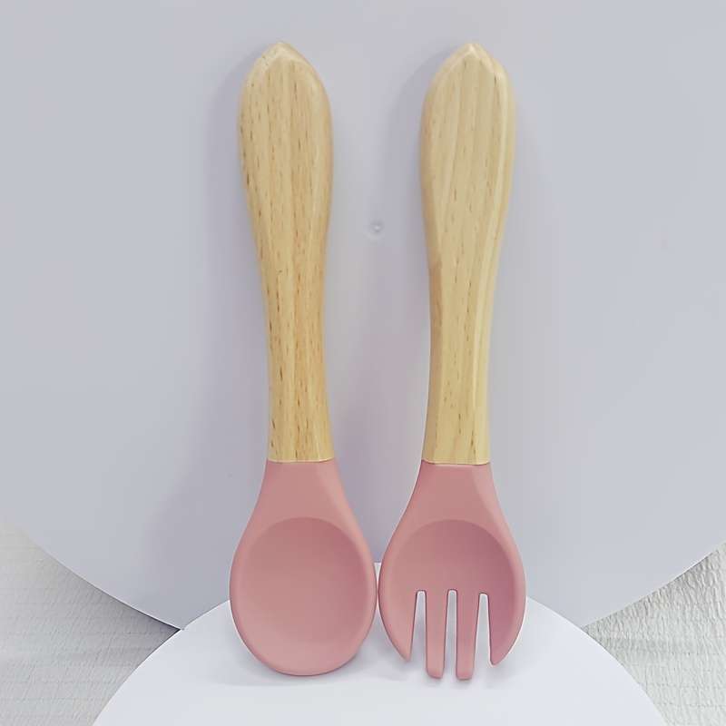 2pcs Customer Favorite 100% Food Grade Silicone Spoon and Fork with Wooden Handle BPA Free Su