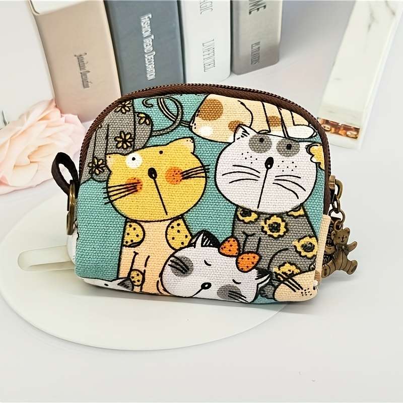1pc Women's Cute Cartoon Cat Print Canvas Clutch WalletZippered Coin Purse with Animal Design L