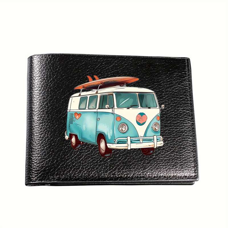 1pc Men'S Beach Bus Faux Leather WalletBlack Crocodile Pattern Casual Style Short Bifold C