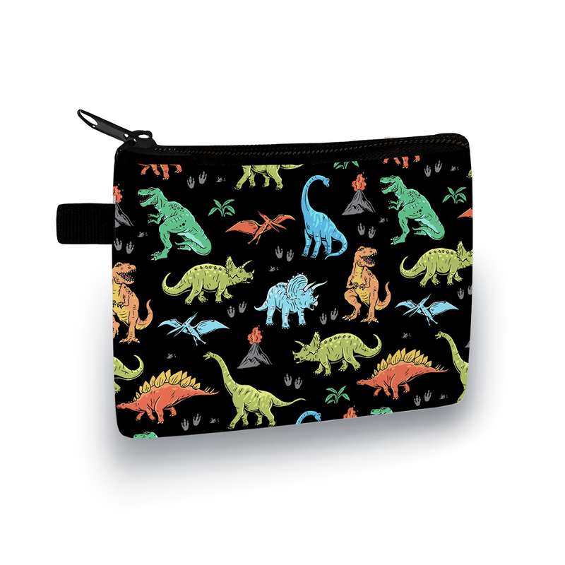 1pc Dinosaur Print Polyester Coin Pouch Casual Style Zipper Wallet with Unlined Storage Bag H