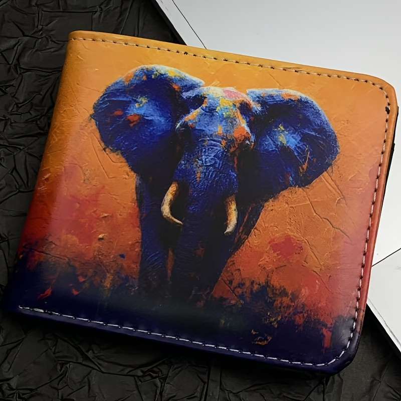 1pc Elephant Print Bifold Wallet for MenFaux Leather Card Coin Holder Machine WashablePer