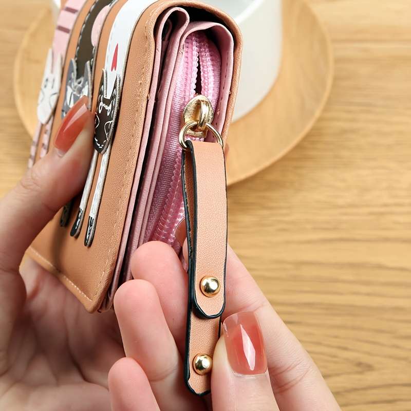 1pc Cute Cartoon Cat Design Synthetic Leather Wallet for Women Casual Style Bi-fold with Snap