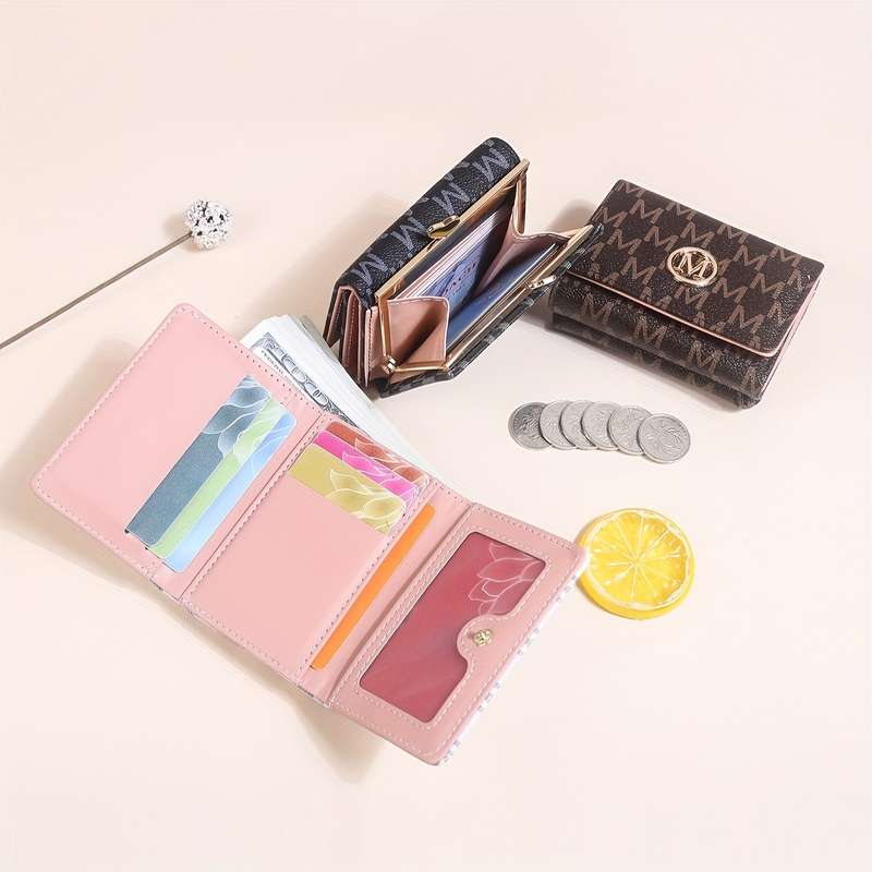 1pc Elegant Women's Mini Trifold Wallet with Stylish Letter Print Snap Closure and Multiple Card