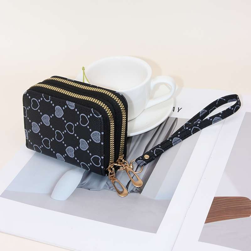 1pc Fashion Heart Print Double Zipper Wallet with Multiple Card Slots Large Capacity Faux Leather
