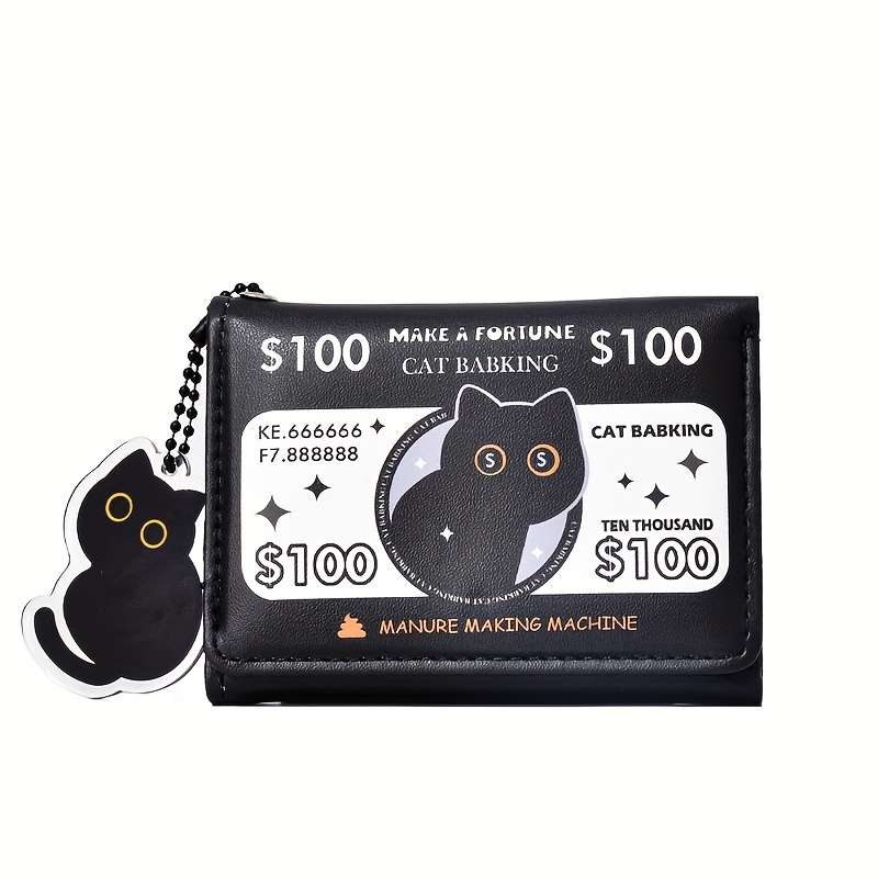 1pc Festive Fortune Folding Wallet with Cat Baking DesignBlack 10.5cm x 4.13cm 8cm x 3.15cm 1