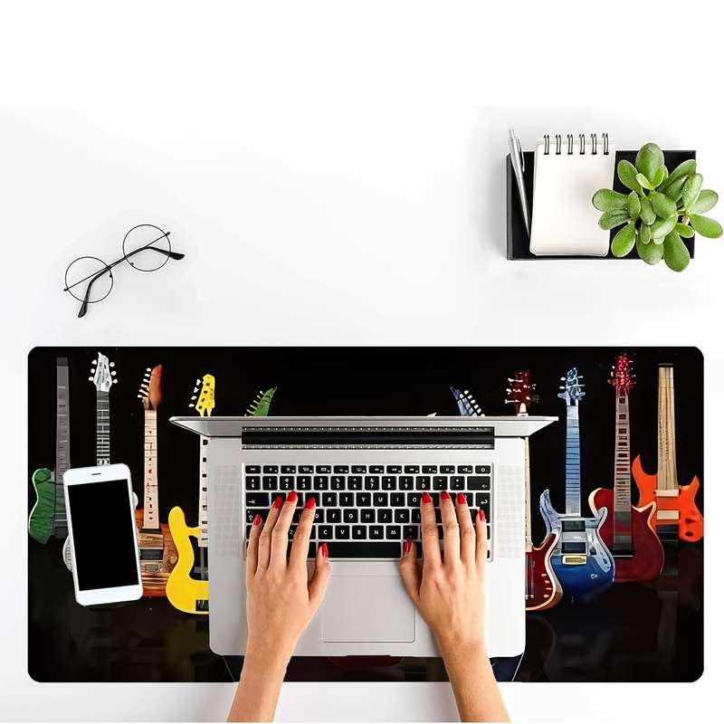 1pc Large Electric Guitar-Themed Mouse Pad Waterproof Non-Slip Rubber Base with Stitched Edges f