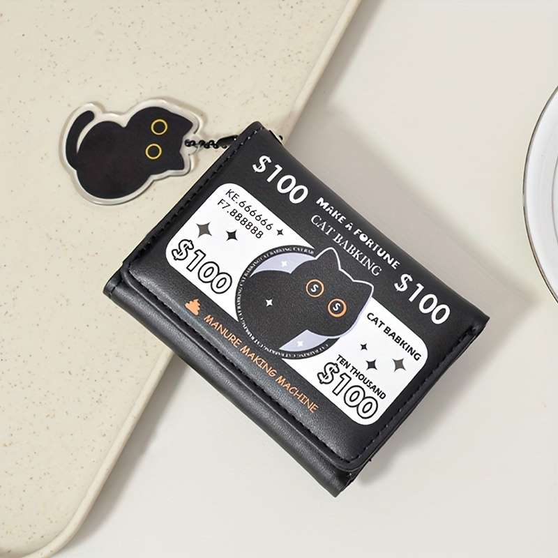 1pc Festive Fortune Folding Wallet with Cat Baking DesignBlack 10.5cm x 4.13cm 8cm x 3.15cm 1