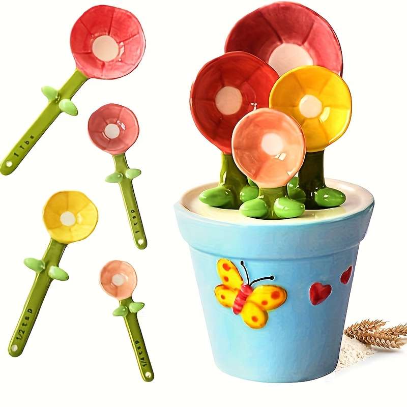 1 Set of Flower Spoons with Storage Rack Cute Household Kitchen Ceramic Spoons with Base Kitc