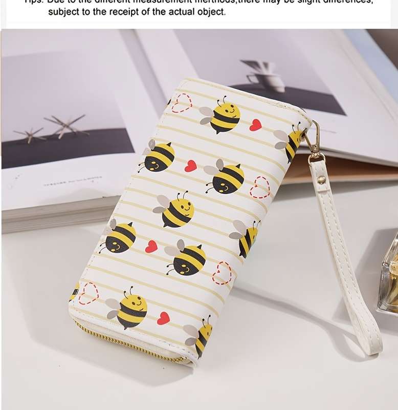 1pc Chic Bee Print Long Wallet for WomenFashionable Zippered Clutch with Multiple Card Slots La