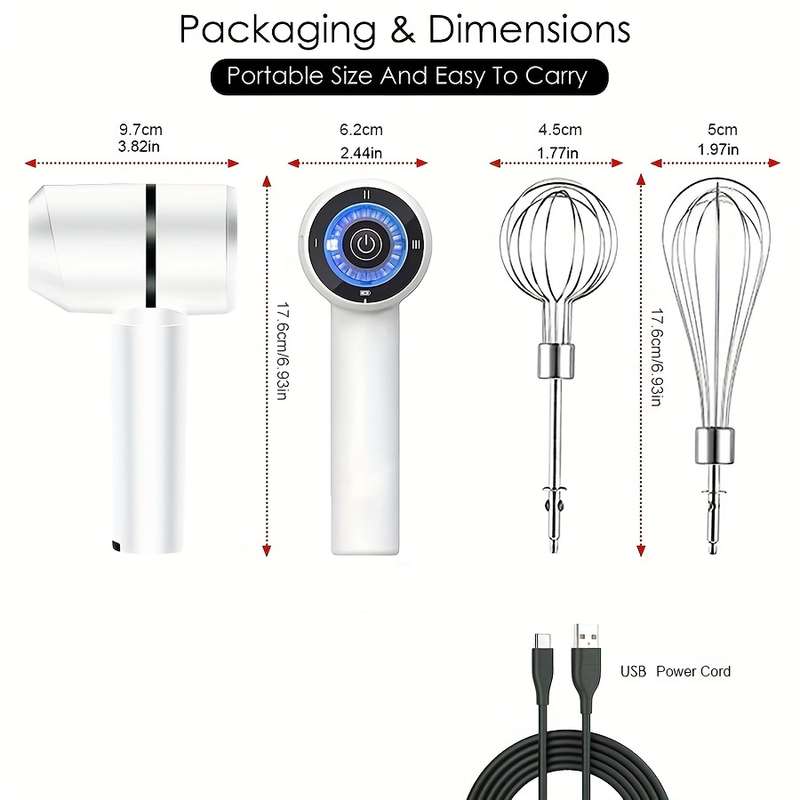 1pc USB Rechargeable Cordless Hand Mixer 3-Speed Electric Whisk with Stainless Steel Beaters