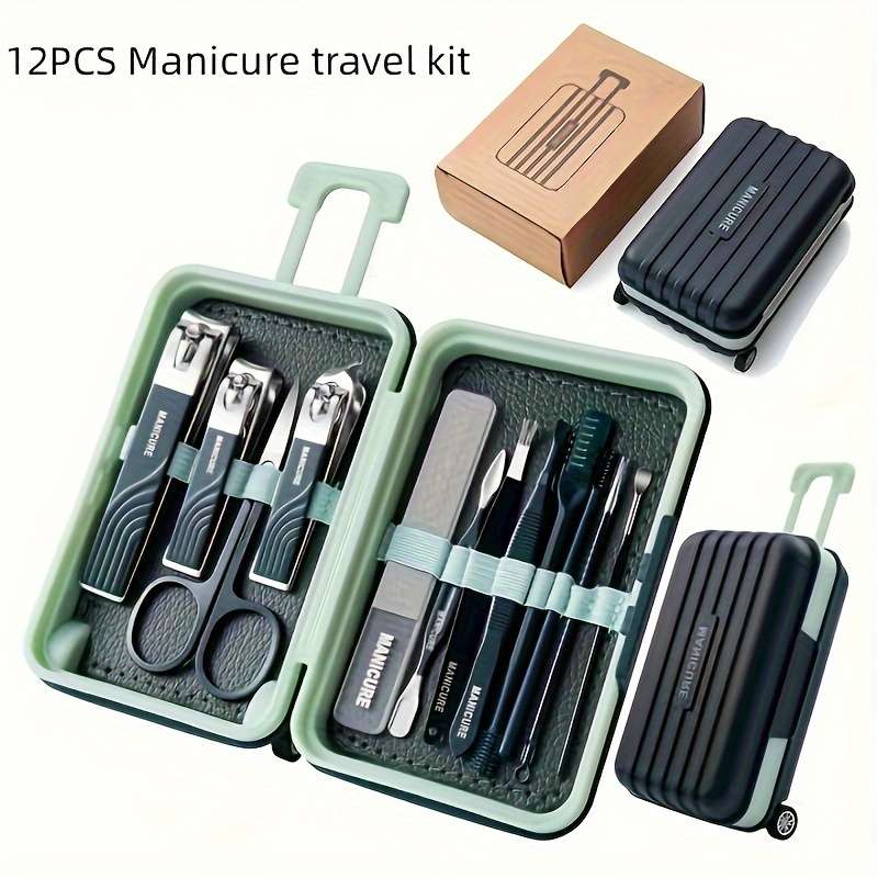 12pcs Set Modern Manicure Travel Kit Portable Trolley Case Nail Set Nail Clippers And Groomin