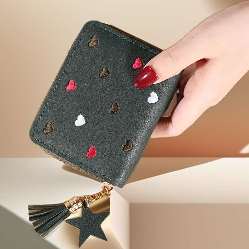 1pc Honey Girl Short Wallet Heart Embroidery Zipper Closure Polyester Lining Unisex with M