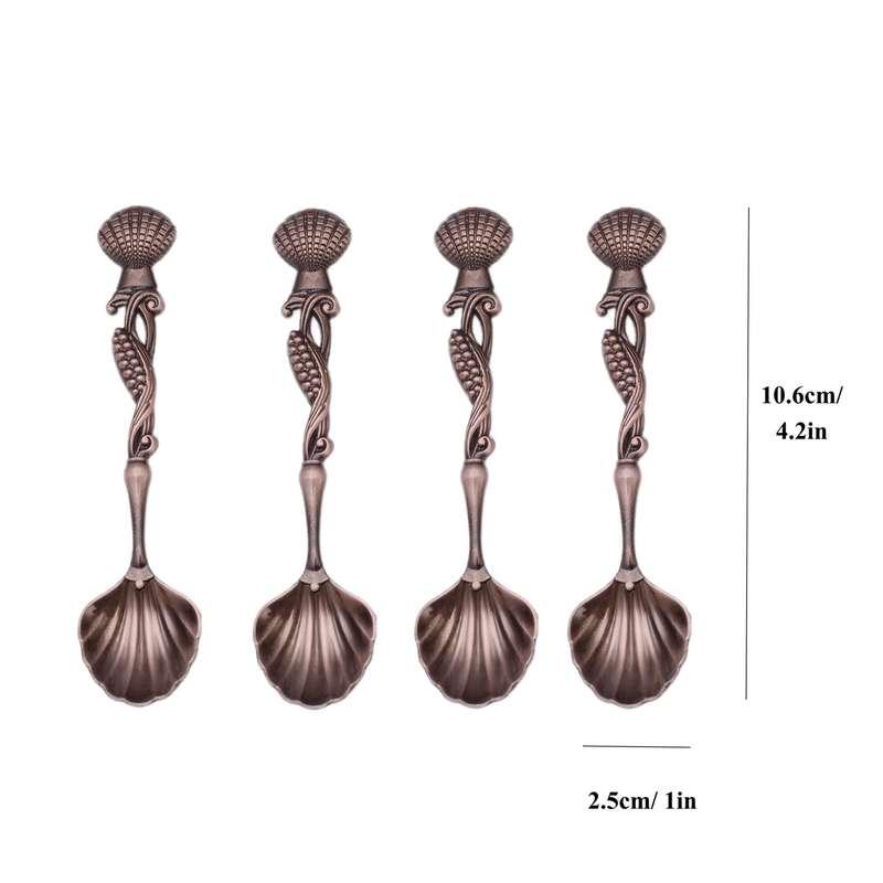 4pcs Vintage Seashell Dessert Spoons Elegant Antique Bronze Metal Coffee Ice Cream Tea Sti