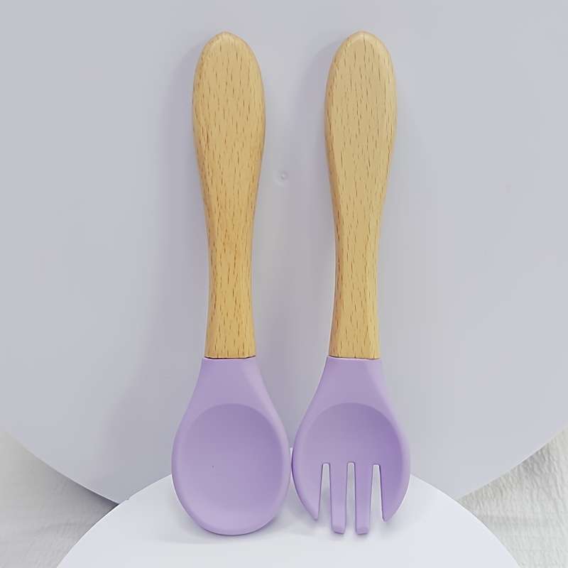 2pcs Customer Favorite 100% Food Grade Silicone Spoon and Fork with Wooden Handle BPA Free Su
