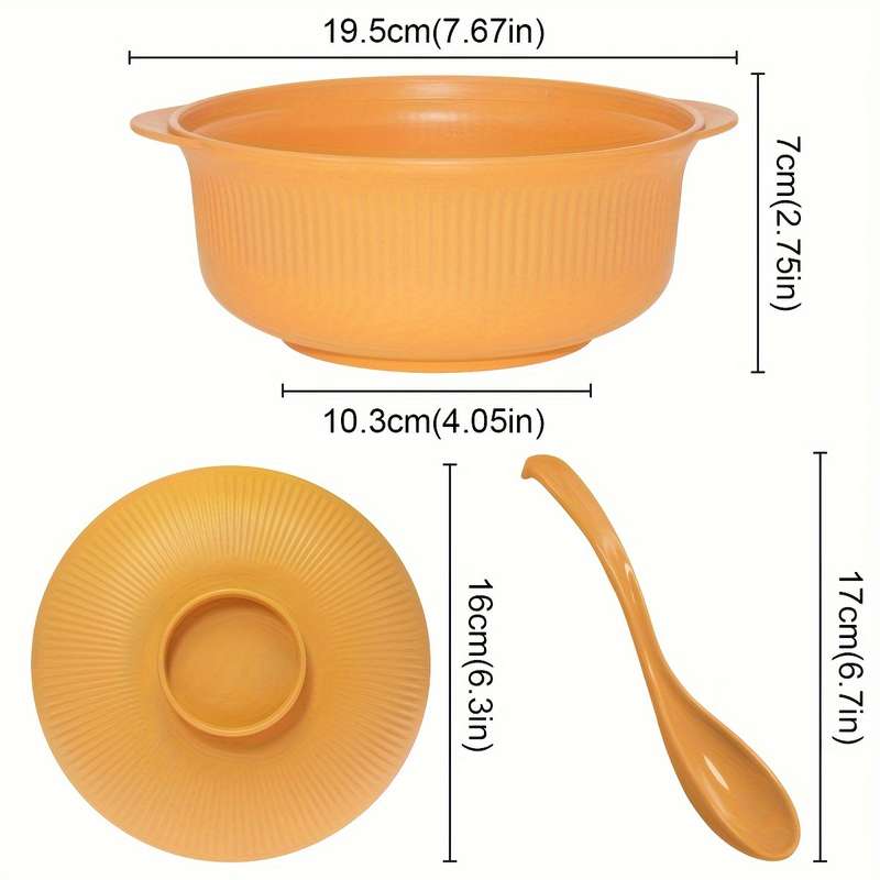 2pcs Set Large Capacity Casserole Style Bowl with Lid and Long Soup Spoon 1100ml 38oz Portable