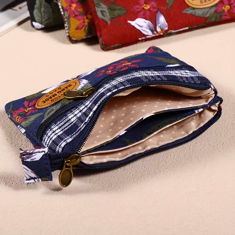 1pc Mini Fabric Coin Purse Flower Pattern Card Holder Multi Layer Change Pouch Wallet