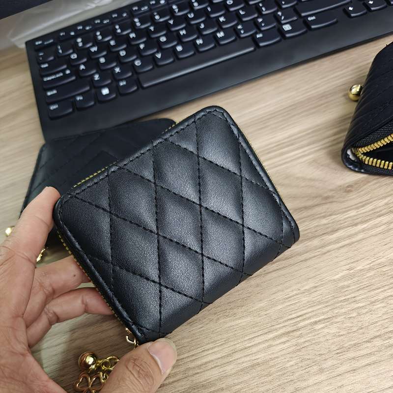 1pc Elegant Black Faux Leather Zipper Wallet with Golden Chain StrapSlim Design Perfect for Car