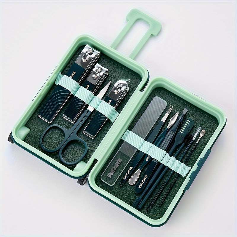 12pcs Set Modern Manicure Travel Kit Portable Trolley Case Nail Set Nail Clippers And Groomin