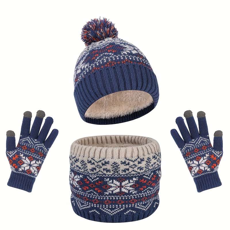 Winter Hat Color Blue And Red Three Piece Set