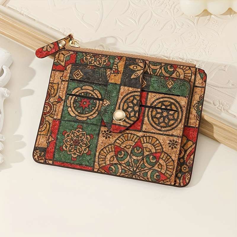 1pc Vintage-Style Slim Zipper Wallet with Multiple Card Slots Coin Purse Ultra-Light Cork Materi