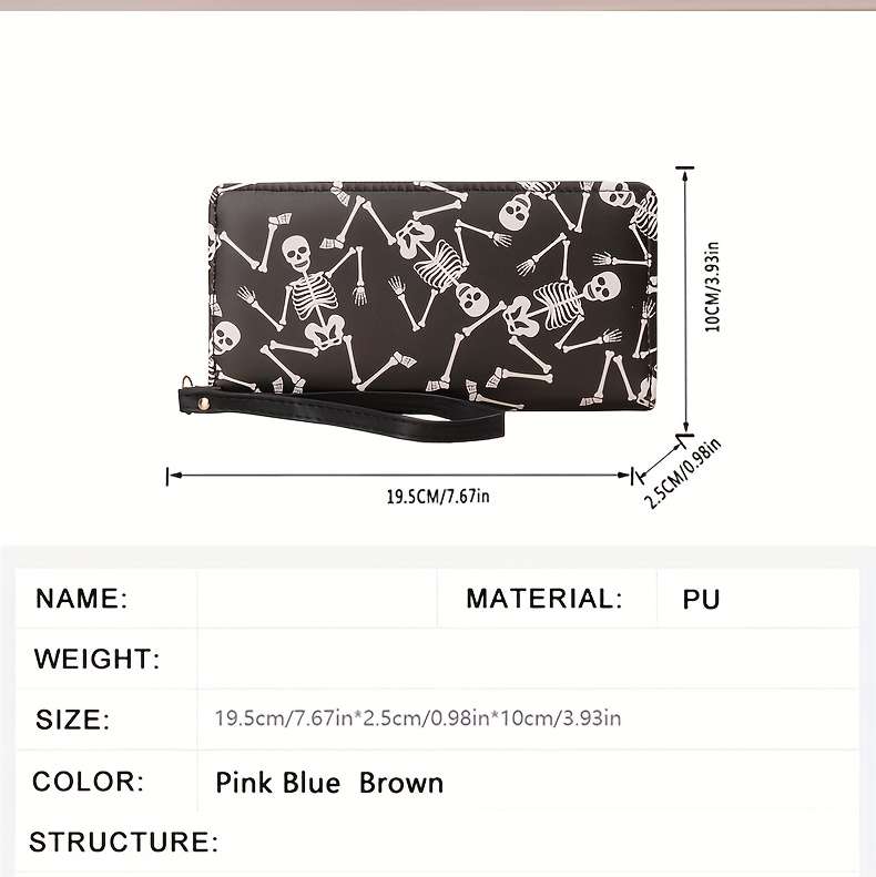 1pc Edgy Chic Gothic Skull Print Womens Wallet Stylish Large Capacity Zipper Closure Multi-Ca