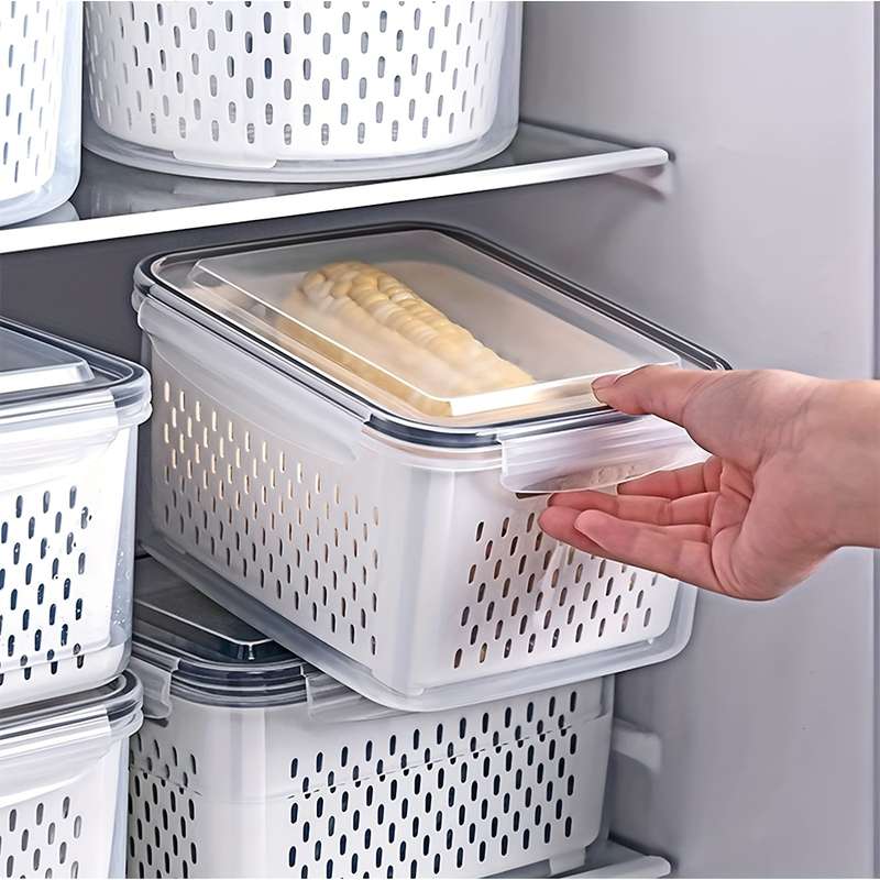 3pcs BPA-Free Plastic Food Storage Container Set with Drain Basket and Lids Leak-Proof Refri