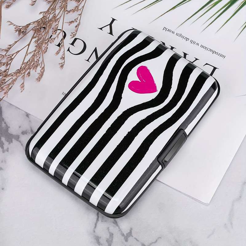 1pc RONG REN HUI Mini RFID Blocking Wallet Black and White Striped Heart Design Compact Metal Ca