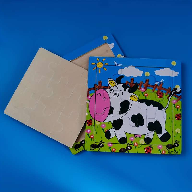 1pc 2D Wooden Puzzle Toy Happy Cow in Green Meadow Design Vibrant Animal Puzzle wi