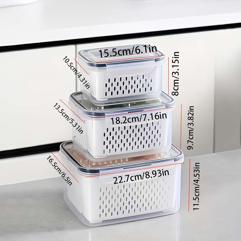 3pcs BPA-Free Plastic Food Storage Container Set with Drain Basket and Lids Leak-Proof Refri