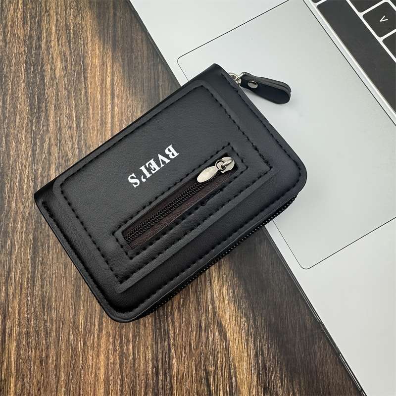 1pc Slim Faux Leather Credit Card Holder Wallet with Zipper Closure Anti-Theft RFID Blocking