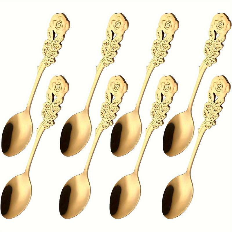 8pcs Set Rose Handle Design Stainless Steel Coffee Spoons 12.7 cm Perfect for Cappuccino Ch