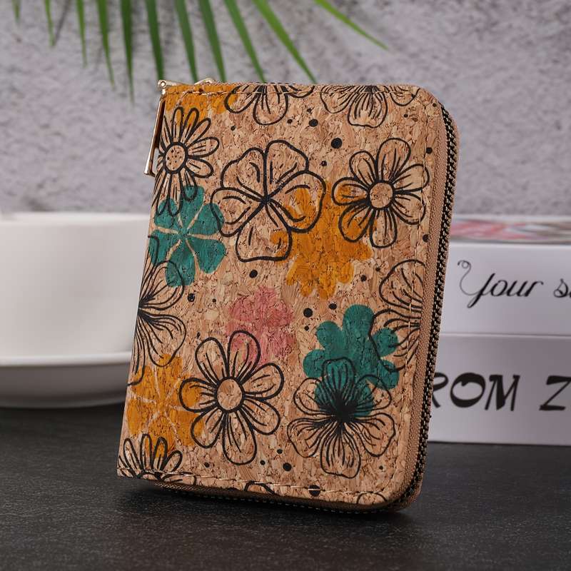 1pc Bohemian Vintage Mini Wallet Floral Pattern Short Cork Coin Purse Ethnic Style Credit Card Ho