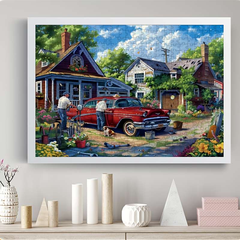 1000pcs Vintage Red Car Jigsaw Puzzle Artistic Paper Puzzle with Charming Neighborh