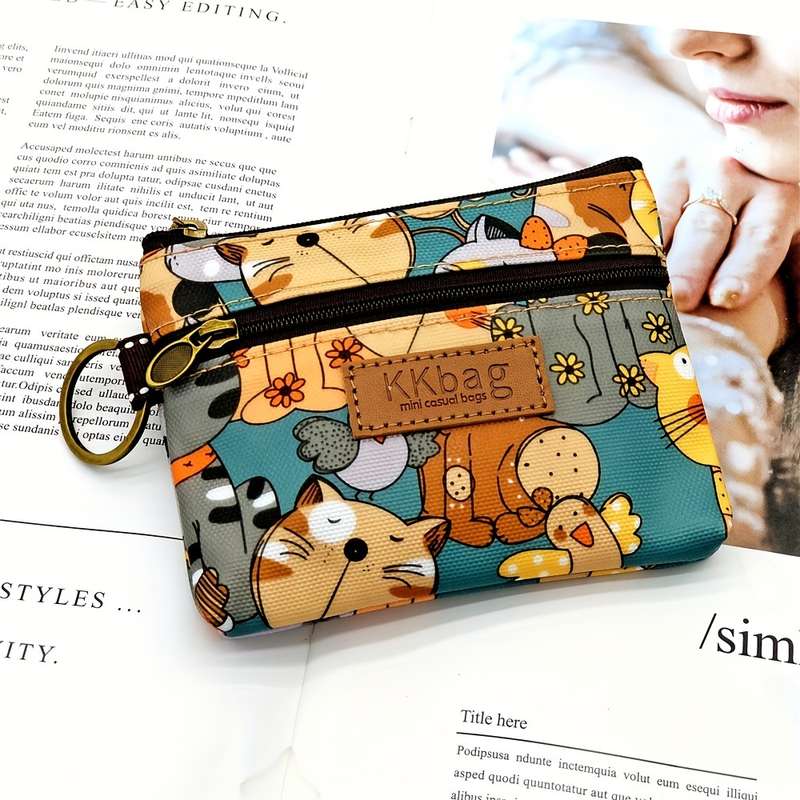 1pc Print Zipper Wallet PurseLightweight Polyester Coin Purse with Multiple Compartments Compac