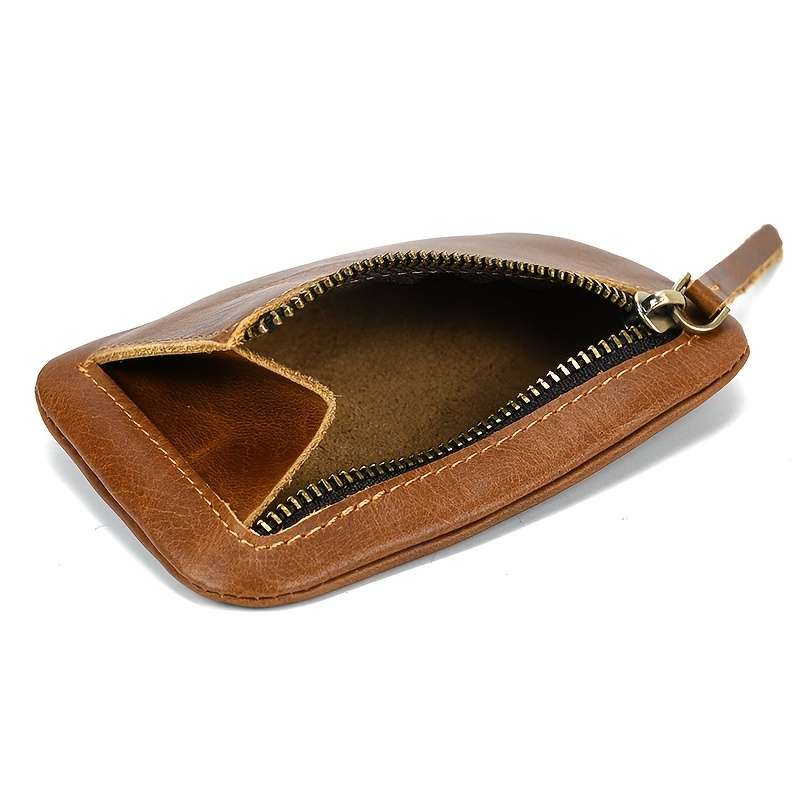 1pc Genuine Leather Cowhide Coin Wallet for Men Women Vintage Brown Leather Zipper Pouch wi