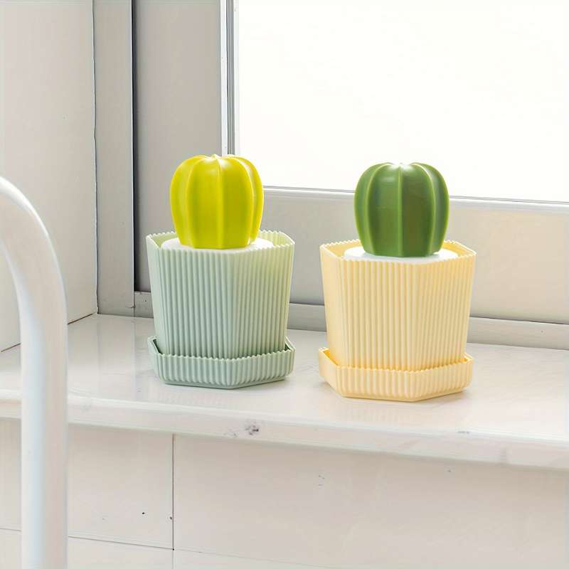 2pcs set Cactus Dish Brushes with Drain Tray Soft Bristle Non-Electric Kitchen Scrubbers for