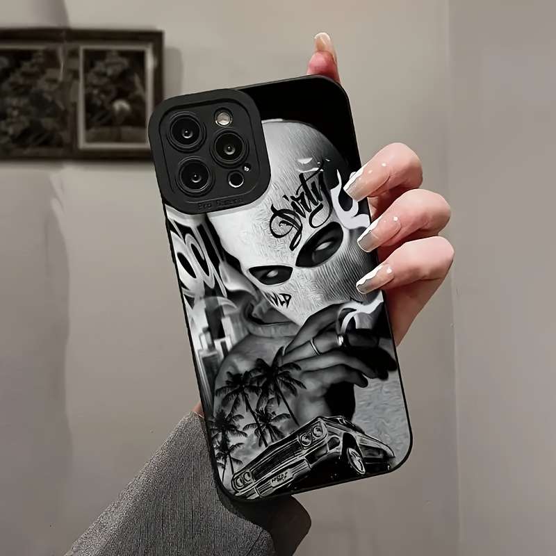 1Pc Black For iPhone 15 Plus White Skull Phone Case