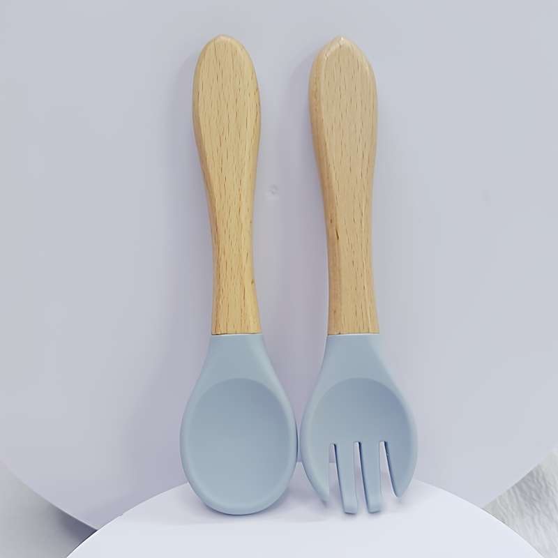 2pcs Customer Favorite 100% Food Grade Silicone Spoon and Fork with Wooden Handle BPA Free Su