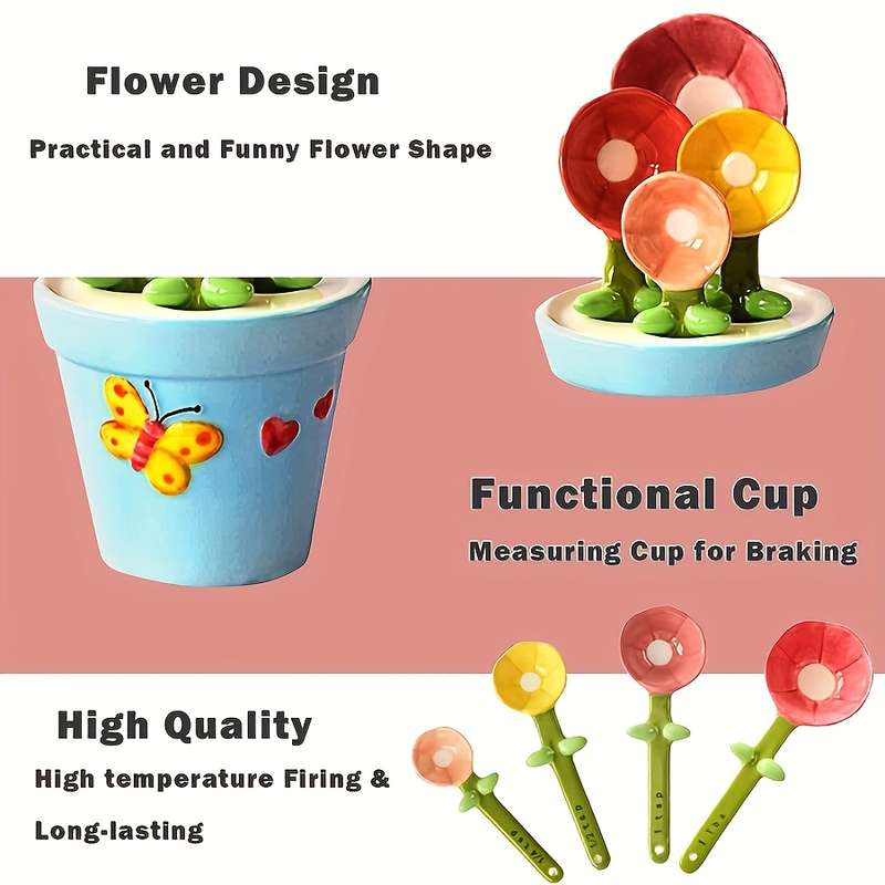 1 Set of Flower Spoons with Storage Rack Cute Household Kitchen Ceramic Spoons with Base Kitc