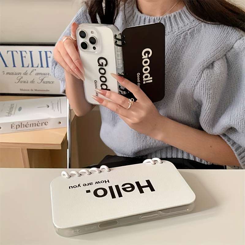 1Pc White For iPhone 16 Plus English Flip Notebook Style Phone Case